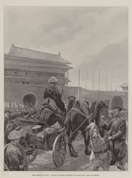 Die Krise in China, chinesische Soldaten betreten das Haupttor von Peking